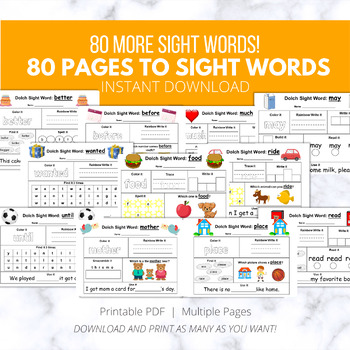Preview of 80 more Sight Words, Printable Worksheets, Spelling, Writing, Sentences, Reading