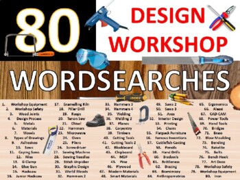 Preview of 80 x Woodshop Wordsearch Puzzle Sheet Keywords Woodwork Carpentry Tools