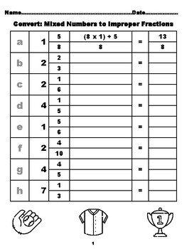 Preview of 800 Converting Mixed Numbers to Improper Fractions, Baseball Coloring Theme,