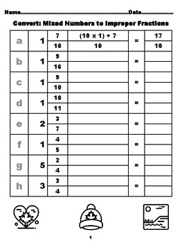 Preview of 800 Converting Mixed Numbers to Improper Fractions, Canada Coloring Theme, Me