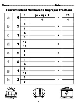 Preview of 800 Converting Mixed Numbers to Improper Fractions, Energy Coloring Theme, Me