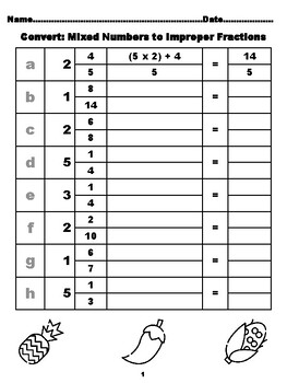 Preview of 800 Converting Mixed Numbers to Improper Fractions, Fruits And  Vegetables Co