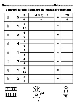 Preview of 800 Converting Mixed Numbers to Improper Fractions, Kindergarten Toys Colorin