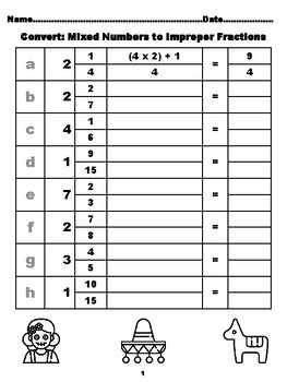 Preview of 800 Converting Mixed Numbers to Improper Fractions, Mexico Coloring Theme, Me