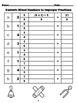 Preview of 800 Converting Mixed Numbers to Improper Fractions, Music Coloring Theme, Meg