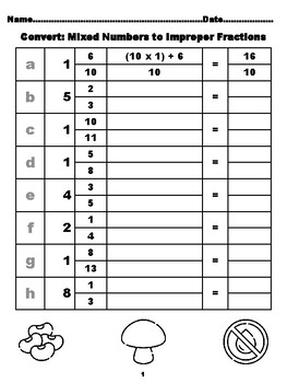 Preview of 800 Converting Mixed Numbers to Improper Fractions, Nutrition Coloring Theme,