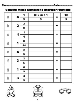 Preview of 800 Converting Mixed Numbers to Improper Fractions, Safari Coloring Theme, Me