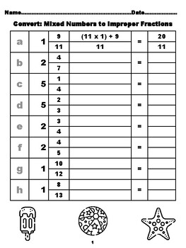 Preview of 800 Converting Mixed Numbers to Improper Fractions, Summer Theme