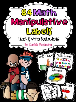 Preview of Math Manipulative Bin Labels | Black & White Polka Dots Theme