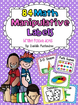 Preview of Math Manipulative Bin Labels | Bright Polka Dots Theme