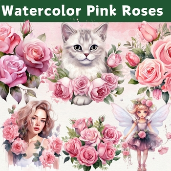 Preview of 84+ Watercolor Pink Roses Sublimation Clip Art