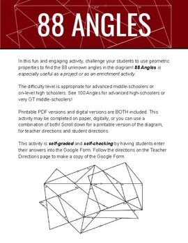 Preview of 88 Angles - Digital and Printable - Geometry Enrichment Activity Project
