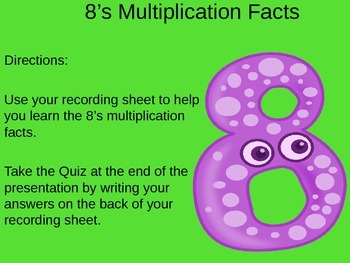 Preview of 8's Multiplication Facts PowerPoint with Graphic Organizer and Tips