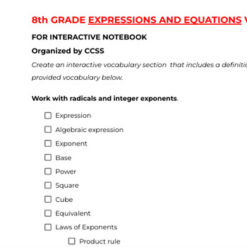 Preview of 8th EXPRESSIONS & EQUATIONS vocab list ***CCSS Aligned!!!*** INB temp included