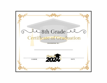 Preview of 8th Eighth Grade Graduation Certificate White Background Printable Print & Sign