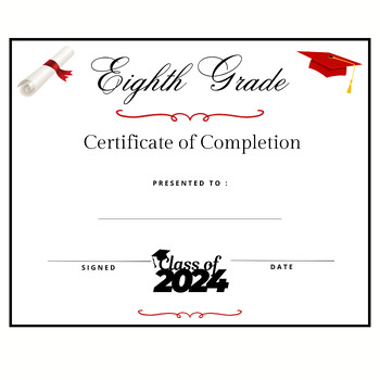 Preview of 8th Eighth Grade Graduation Diploma Certificate of Completion Printable Red