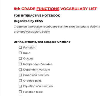 Preview of 8th FUNCTIONS vocabulary list ***CCSS Aligned!!!*** INB template included