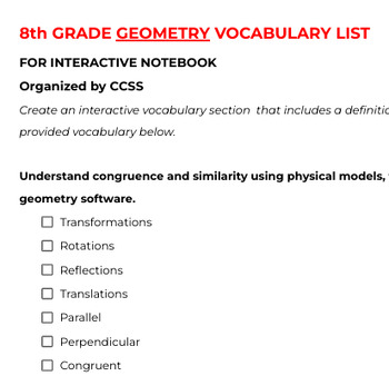 Preview of 8th GEOMETRY vocabulary list ***CCSS Aligned!!!*** INB template included
