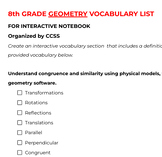 8th GEOMETRY vocabulary list ***CCSS Aligned!!!*** INB tem