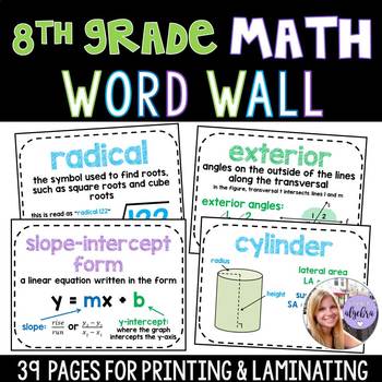 Preview of 8th Grade 8 - Pre-Algebra Math Word Wall - 44 Pages