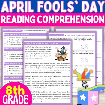 Preview of 8th Grade April Fools Day Reading Comprehension Passage & Questions Activities