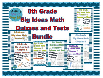 Preview of 8th Grade Big Ideas Math All Chapters Quizzes and Tests Bundle - Editable