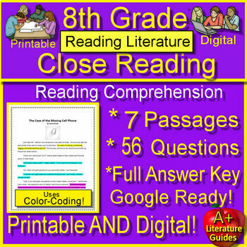 Preview of 8th Grade Reading Comprehension Passages and Questions Literature Text Evidence