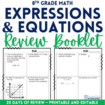 Preview of Expressions and Equations Review Booklet for 8th Grade Math