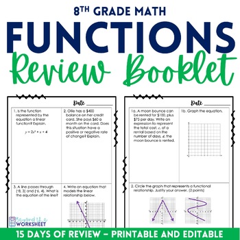 Preview of Functions Review Booklet for 8th Grade Math