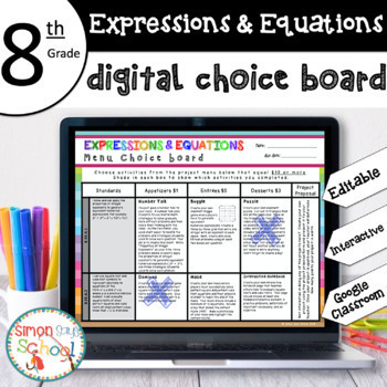 Preview of 8th Grade DIGITAL Expressions and Equations Choice Board - Distance Learning