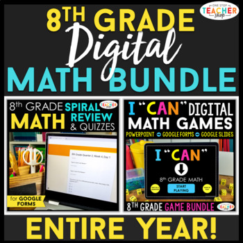 Preview of 8th Grade DIGITAL Math BUNDLE | Google Classroom | Spiral Review, Quizzes, Games