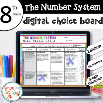 Preview of 8th Grade DIGITAL The Number System Choice Board – EDITABLE - Distance Learning