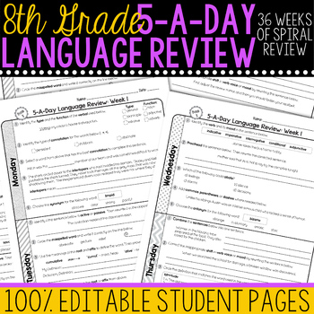 Preview of 8th Grade Daily Language Spiral Review Morning Work [Editable]