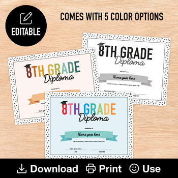 Preview of 8th Grade Diploma, Editable & Printable Graduation Certificates, 5 color options