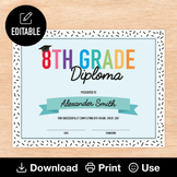 8th Grade Diploma, Editable & Printable Teal Graduation Ce