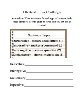 8th grade ela challenge worksheet by thejuniorhighhelper tpt