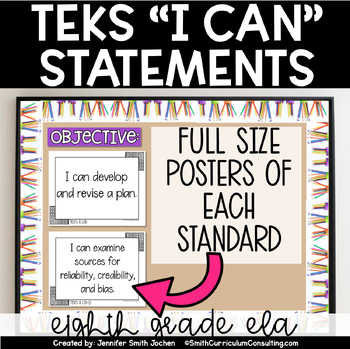 Preview of 8th Grade ELA TEKS I Can Statements Full Size Objective Posters Black and White