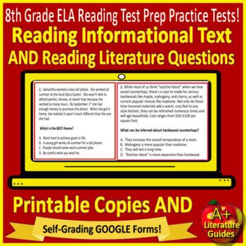 Preview of 8th Grade ELA Test Prep Reading Practice Tests Print & Self-Grading Google Forms