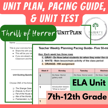 Preview of 8th Grade ELA The Thrill of Horror: Unit Plan, Pacing Guide, & Unit Test