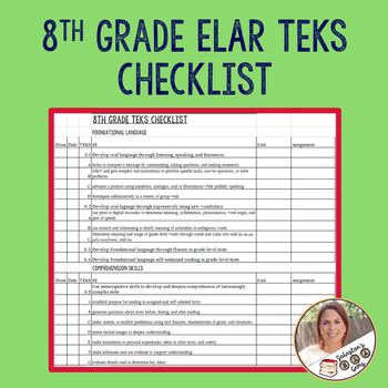 8th Grade ELAR TEKS Checklist by Johnston's ELA Gems | TpT