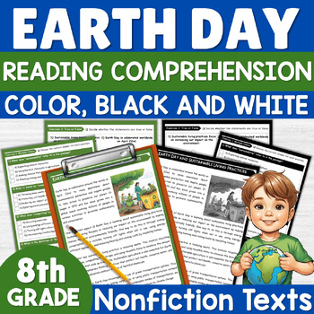Preview of 8th Grade Earth Day Reading Comprehension Passage and Questions April Activities