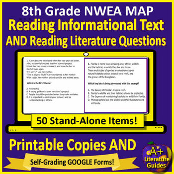 Preview of 8th Grade NWEA Map Reading Test Prep ELA Practice Testing - Printable and Google