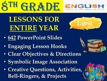 Preview of 8th Grade English ELA Lessons in PowerPoint Slides for FULL YEAR (42 Weeks)