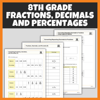 Preview of 8th Grade Fractions,Decimals,Percentages Worksheets With Answers | 8th Grade