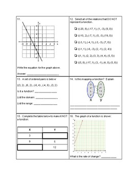 8th Grade Functions Quiz by KnockOut Worksheets | TpT