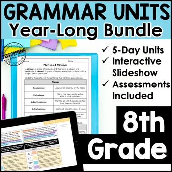 Preview of 8th Grade Grammar For the Year - Lesson Plans & Practice Worksheets For $1/Unit