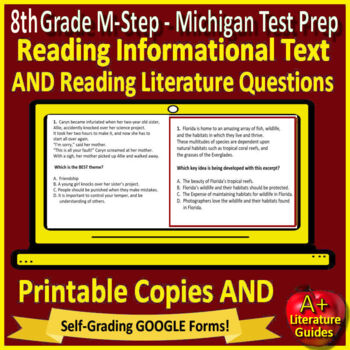 Preview of 8th Grade M-Step Test Prep Reading Print & SELF-GRADING GOOGLE! Michigan MSTEP