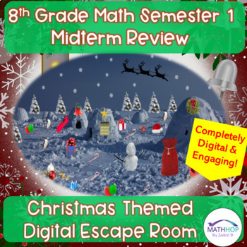 Preview of 8th Grade Math 1st Semester Midterm Review: Christmas Themed Digital Escape Room