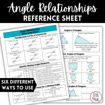 Preview of 8th Grade Math Angle Relationships Reference Sheet