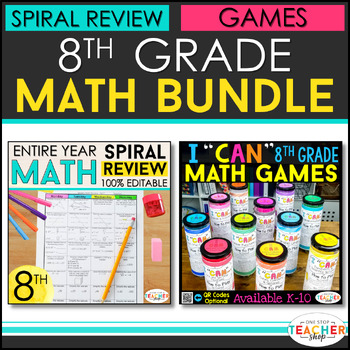 Preview of 8th Grade Math BUNDLE | Spiral Review, Games & Quizzes for the ENTIRE YEAR